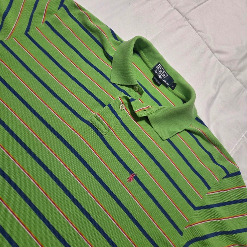 Polo Ralph Lauren Mens Lime Green Striped Short Sleeve Cotton Polo Shirt Large